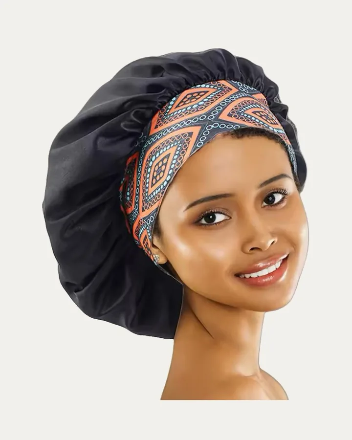 Bonnet de nuit à motifs africains Noir, bandeau wax, Proli Cotonou