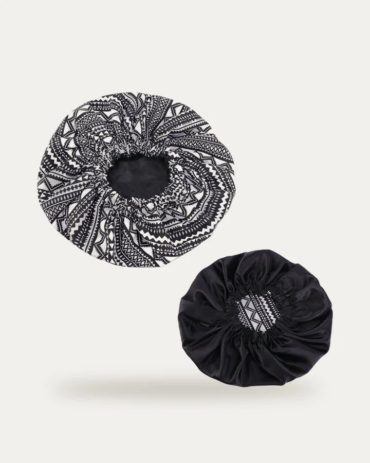 Bonnet de nuit en satin imprimé Aztèque noir et blanc, Proli Cotonou