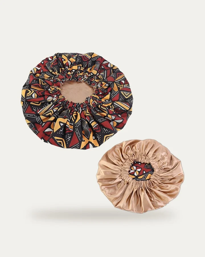 Bonnet de nuit en satin imprimé Bogolan rouge, Proli Cotonou