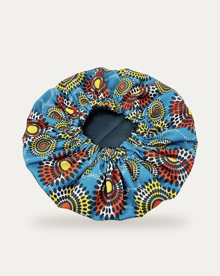 Bonnet de nuit en satin imprimé Cercles sur turquoise, Proli Cotonou
