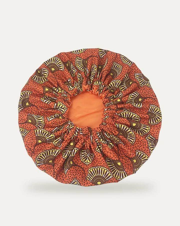 Bonnet de nuit en satin imprimé Éventails orange, Proli Cotonou