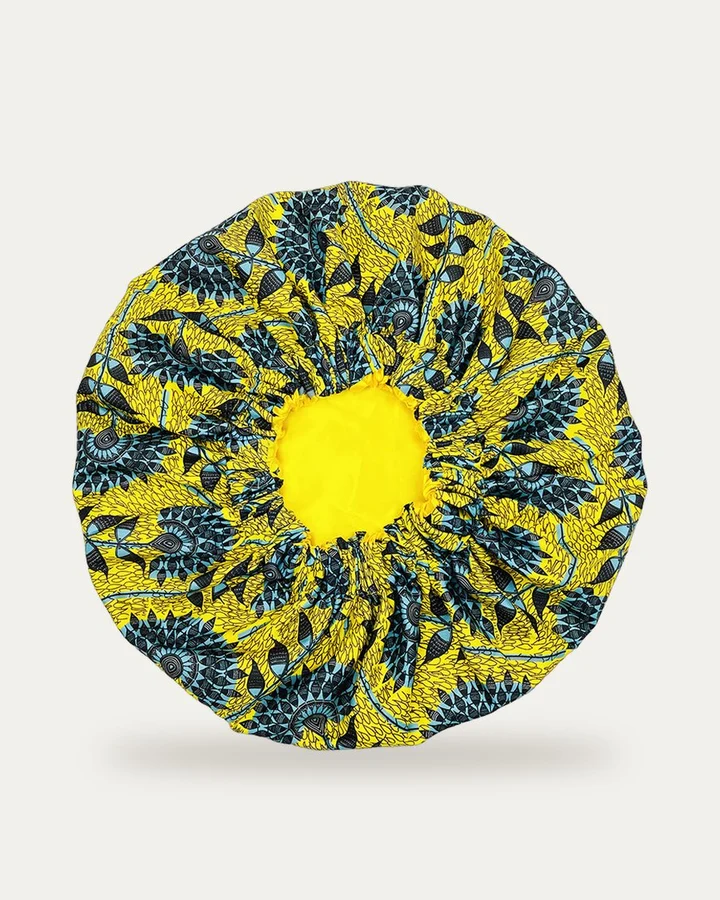 Bonnet de nuit en satin imprimé Feuilles jaune et bleu, Proli Cotonou