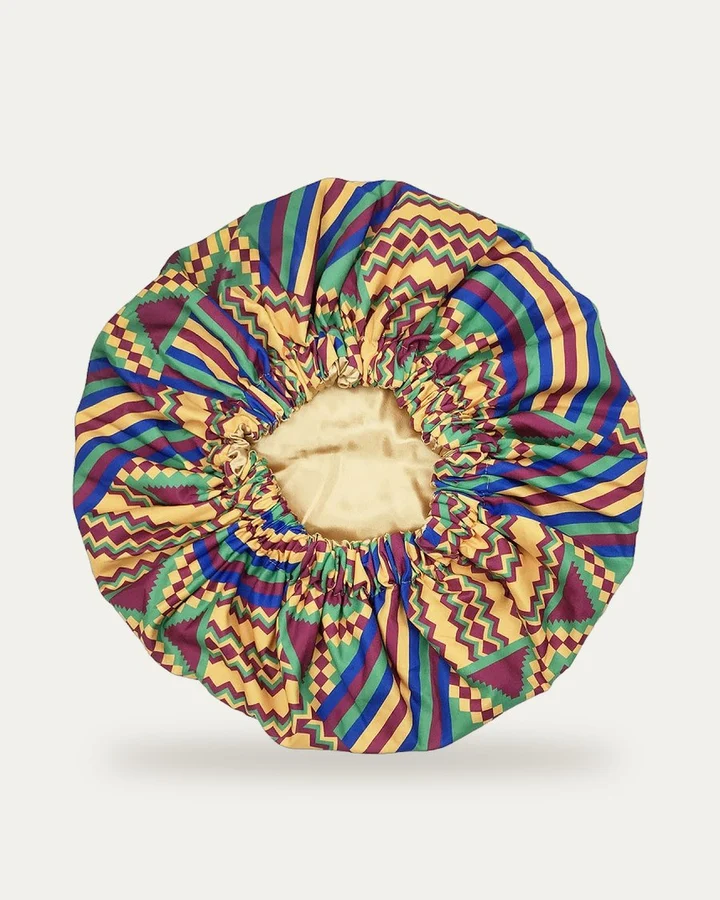 Bonnet de nuit en satin imprimé Kente doré, Proli Cotonou