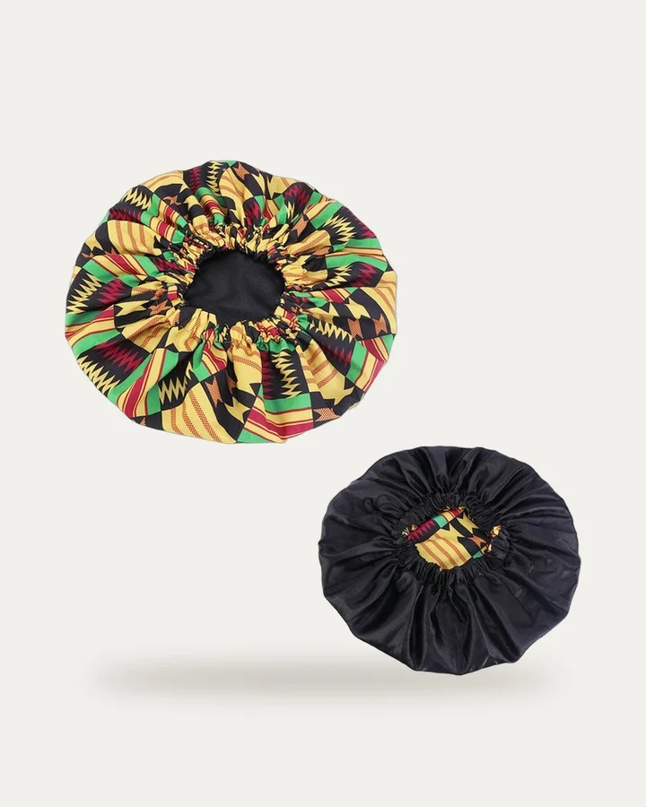 Bonnet de nuit en satin imprimé Kente réversible, Proli Cotonou