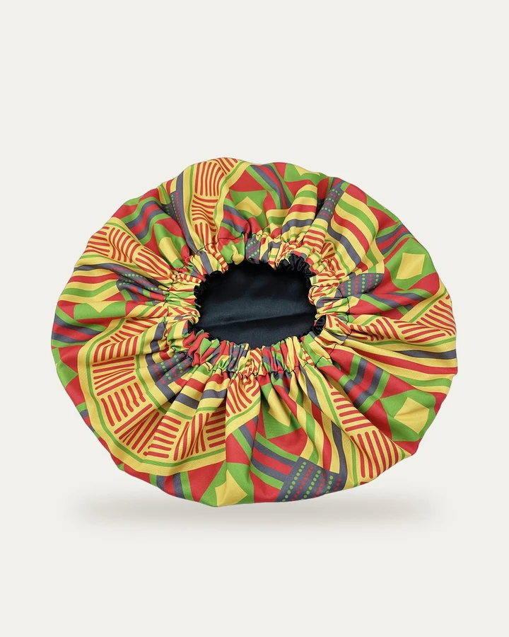 Bonnet de nuit en satin imprimé Kente vert rouge jaune, Proli Cotonou