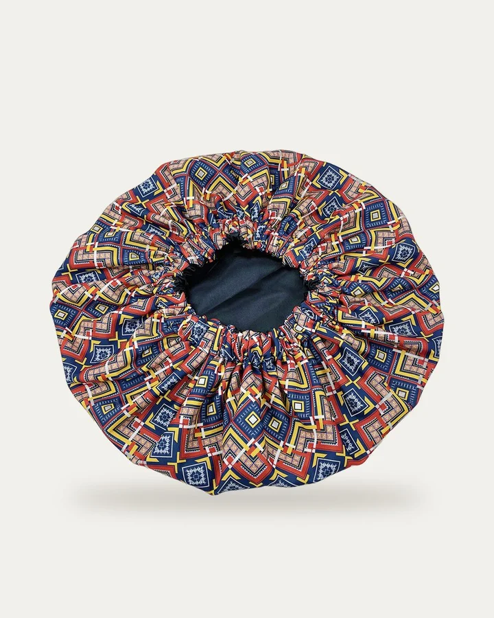 Bonnet de nuit en satin imprimé Mosaïque bleu marine, Proli Cotonou