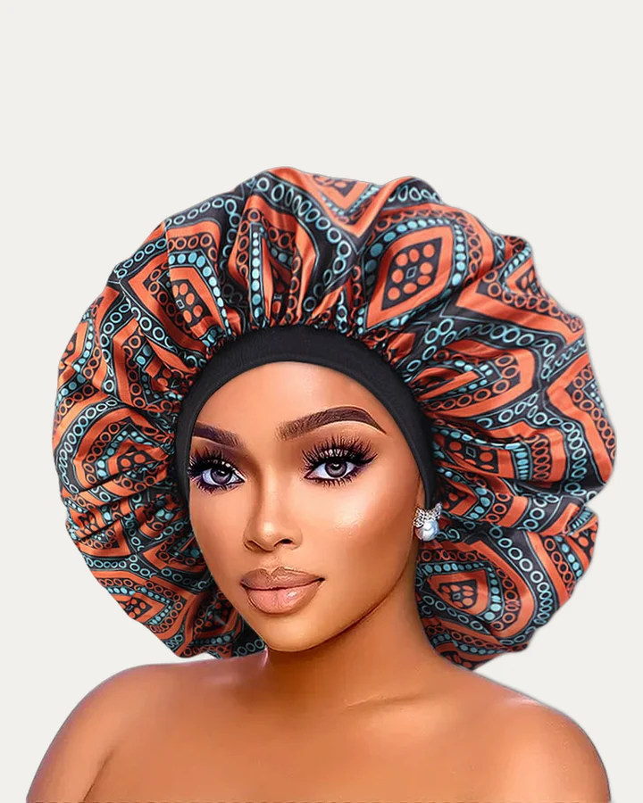 Bonnet de nuit en satin imprimé Losanges orange, Proli Cotonou