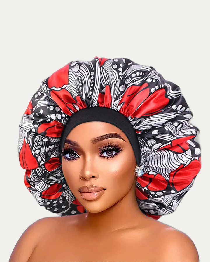 Bonnet de nuit en satin imprimé Fleurs rouges, Proli Cotonou