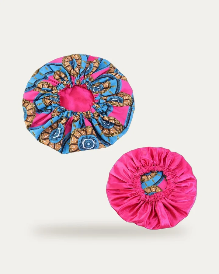 Bonnet de nuit en satin imprimé Rosaces fuchsia, Proli Cotonou