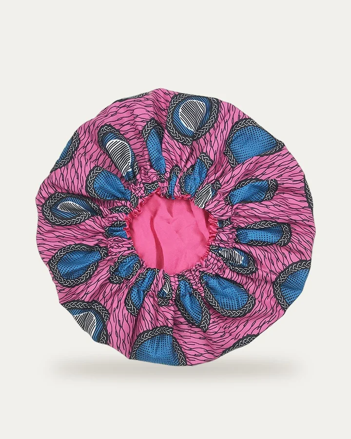 Bonnet de nuit en satin imprimé Rose et bleu, Proli Cotonou