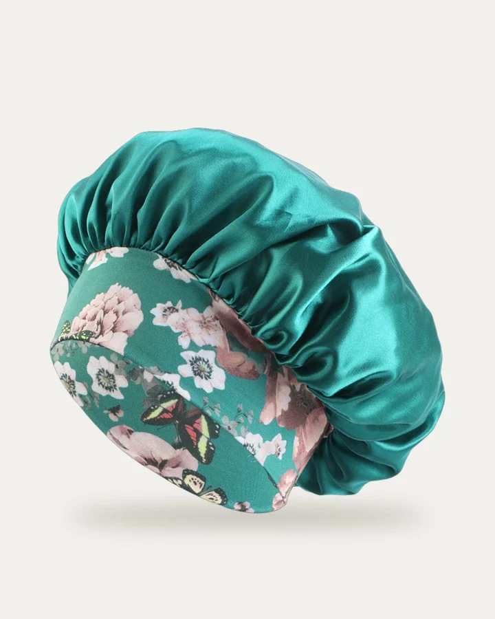 Bonnet de nuit en satin imprimé Vert paon fleuri, Proli Cotonou