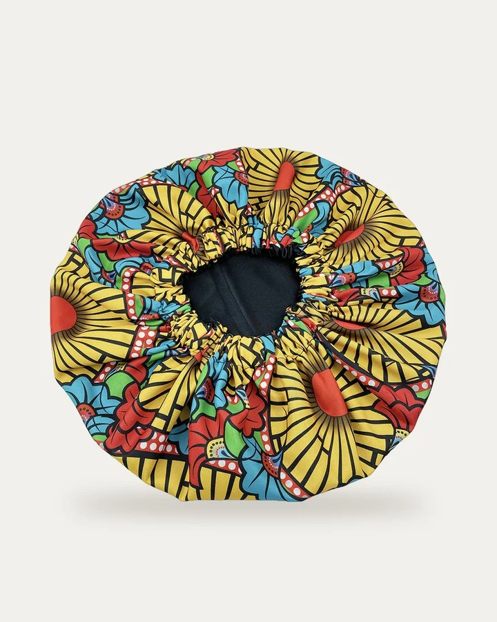 Bonnet de nuit en satin imprimé Soleils jaunes, Proli Cotonou