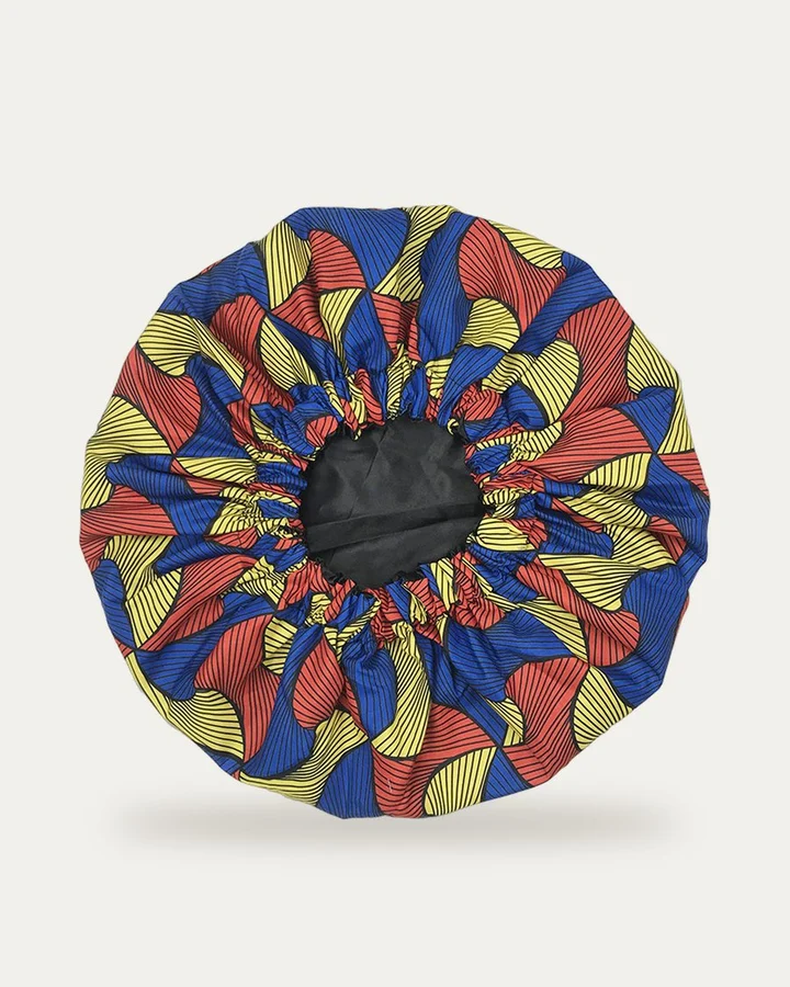 Bonnet de nuit en satin imprimé Vagues rouge jaune bleu, Proli Cotonou