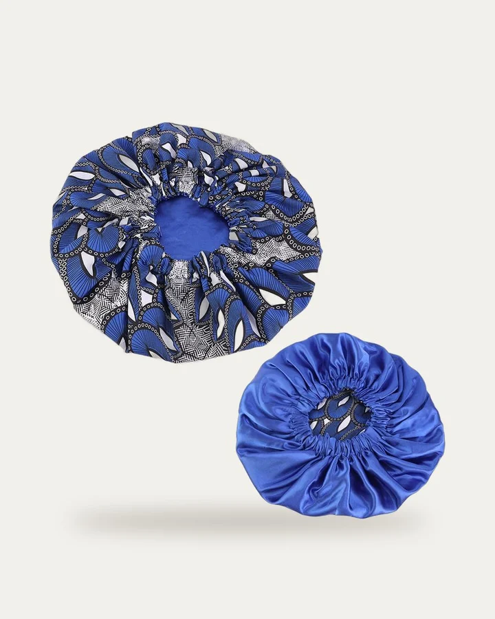 Bonnet de nuit en satin imprimé Wax bleu roi, Proli Cotonou