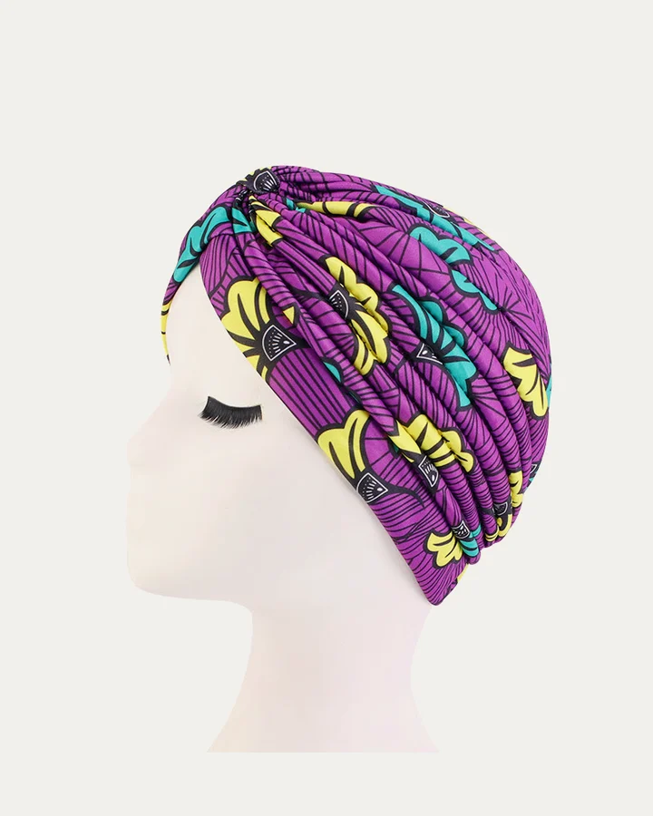 Turban plissé à motifs africains Fleurs violettes, Proli Cotonou