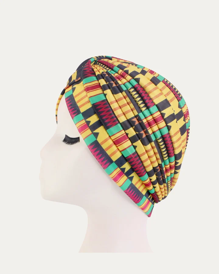 Turban plissé à motifs africains Kente jaune, Proli Cotonou