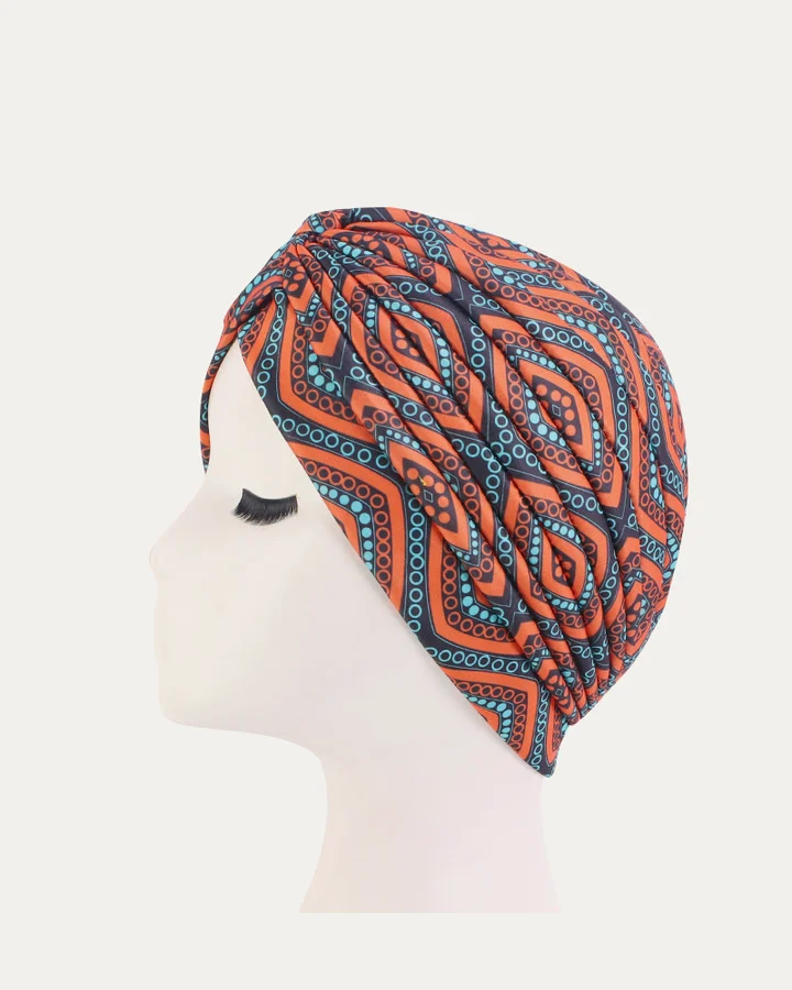 Turban plissé à motifs africains Losanges orange, Proli Cotonou