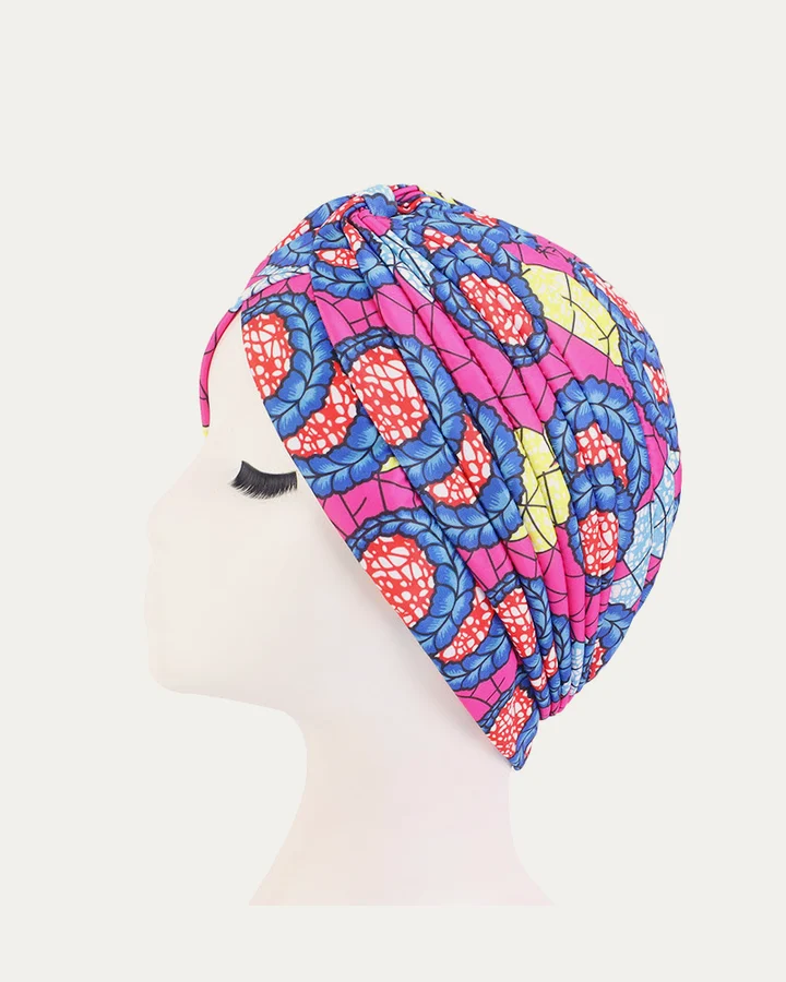 Turban plissé à motifs africains Rose jaune bleu, Proli Cotonou