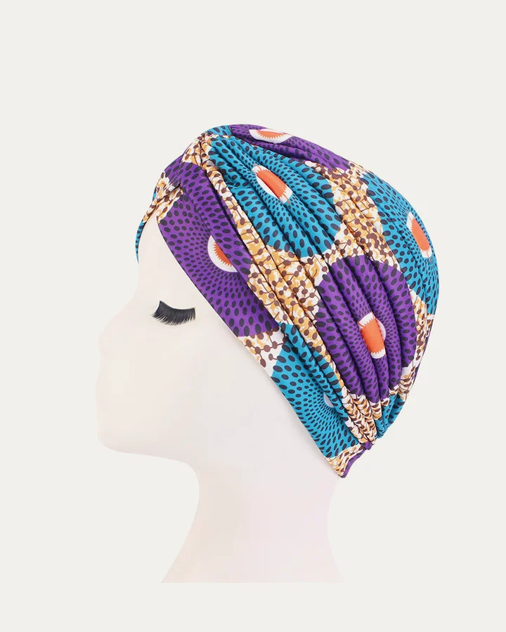 Turban plissé à motifs africains Turquoise et violet, Proli Cotonou