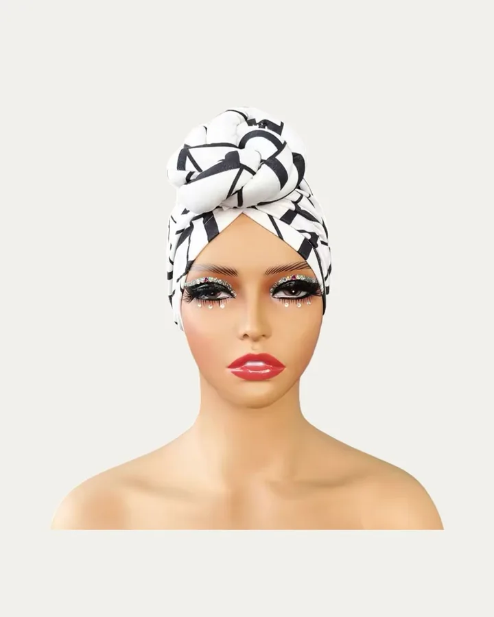 Turban à motifs africains Noir et blanc, Proli Cotonou
